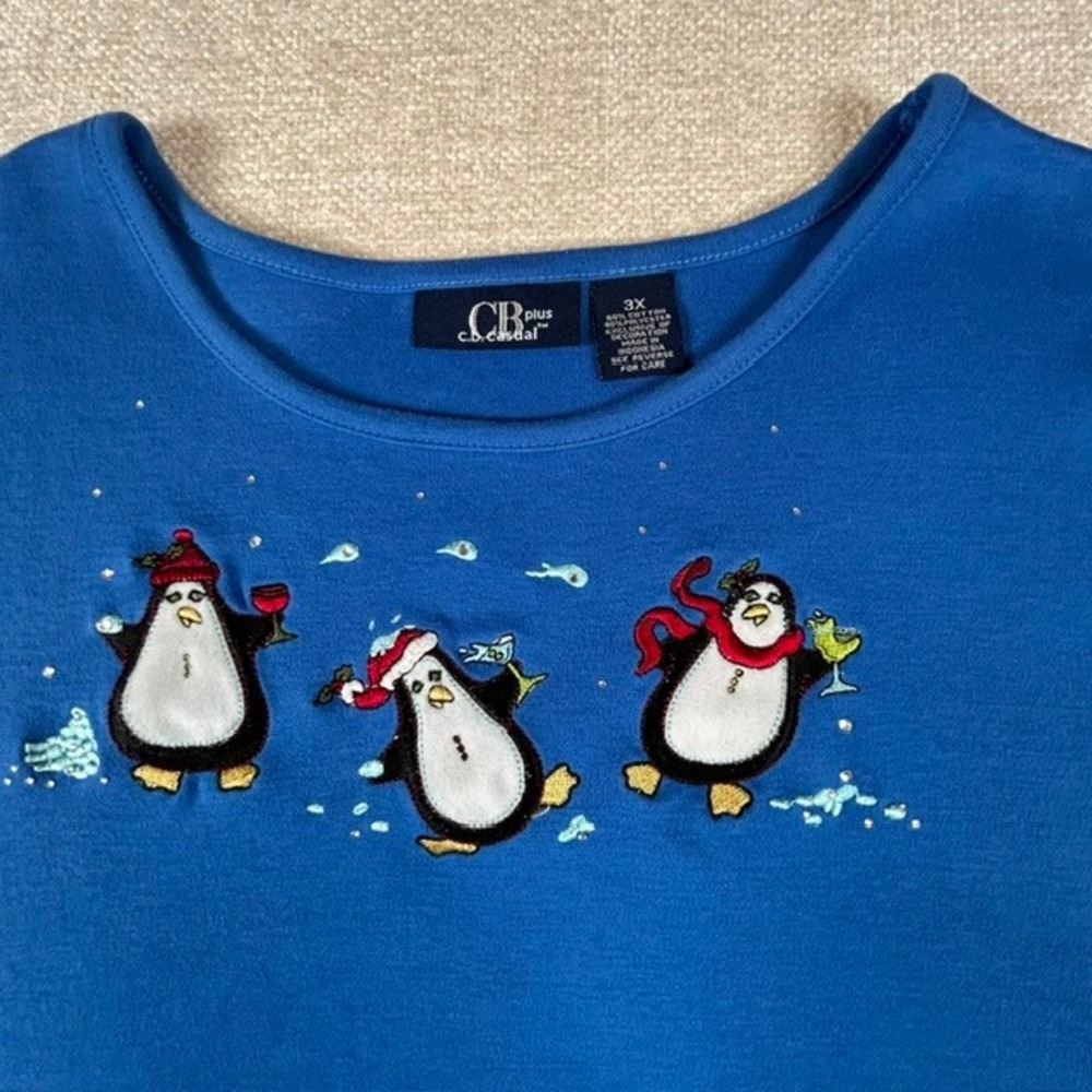 CB Plus c.b. Casual Women's Blue Christmas Winter Penguins 3/4 Sleeve Shirt 3X